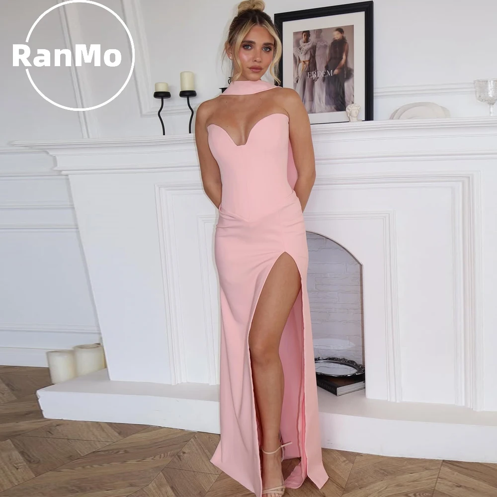 

Ranmo 2026 Sexy Pink Mermaid Evening Dresses Sweetheart Scarf Dubai Arabic Side High Slit Sleeveless Customised Party Occasion