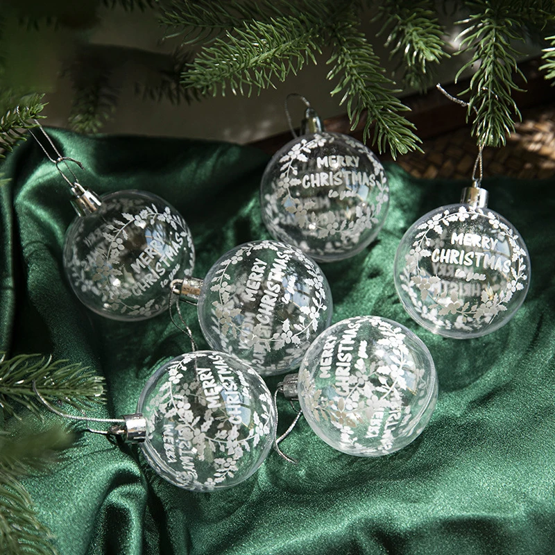 6Pcs Transparent Painting Plastic Christmas Ball Ornament Set White Snow Ball Xmas Tree Hanging Decoration for Home Navidad Gift