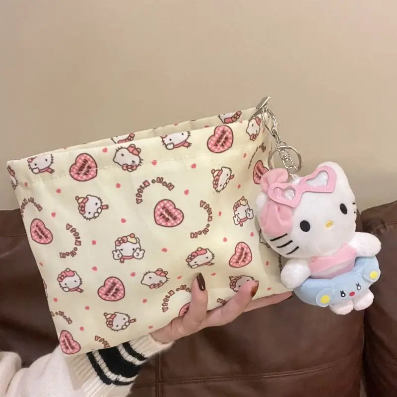 

Cute Hello Kitty Bag Milk Yellow Cartoon Girl's Heart Cosmetic Bag Convenient Portable High-capacity Storage Bag Y2k