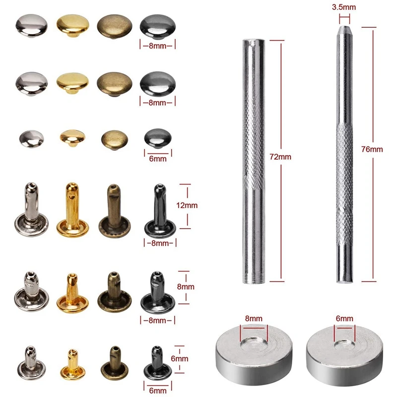 360 sets dubbele dop klinknagel lederen studs met ponstang voor lederen ambachtelijke reparaties decoratie, 3 maten en 4 kleuren