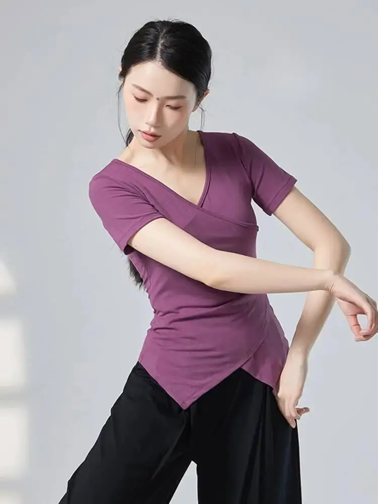 인쇄 된 짧은 소매 스플릿 밑단 슬림 피트 댄스 탑 여성용 현대 현대 재즈 서정적 무대 공연 연습 착용