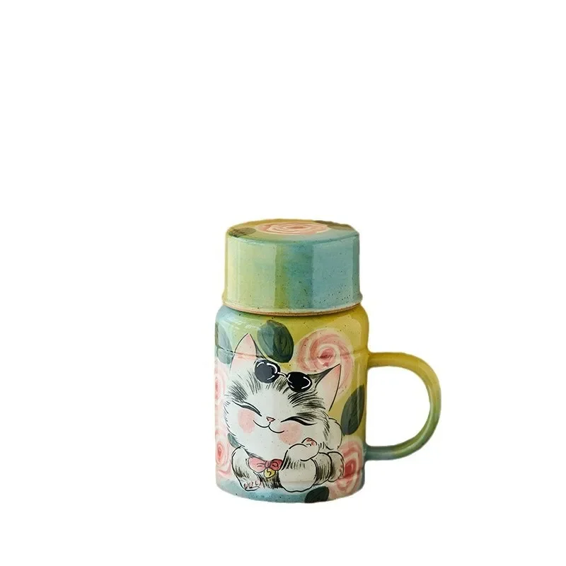 

Ceramic mug with lid, hand-painted cat, one pot, one cup, large capacity underglaze teapot, teacup.