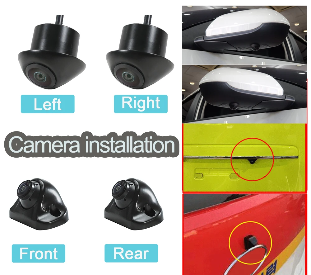 Carsanbo HD AI 360 Degree Car Camera System 1080P WDR 3D AHD Surround View 4CH Right+Left+Front+Rear View Cameras with USB Drive