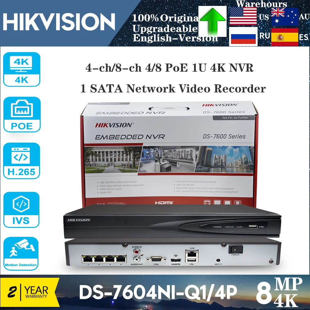 Original Hikvision DS-7604NI-Q1/4P 4CH 4POE NVR 4MP H.265+ 1 SATA for IPC Security Network Video Recorder