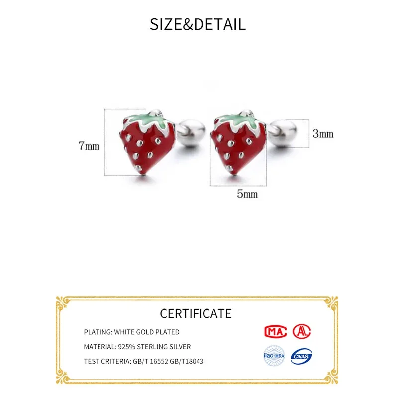 Real 925 Sterling Silver Red Enamel Strawberry Stud Earrings for Women Party Cute Plant Fine Jewelry Minimalist Accessories