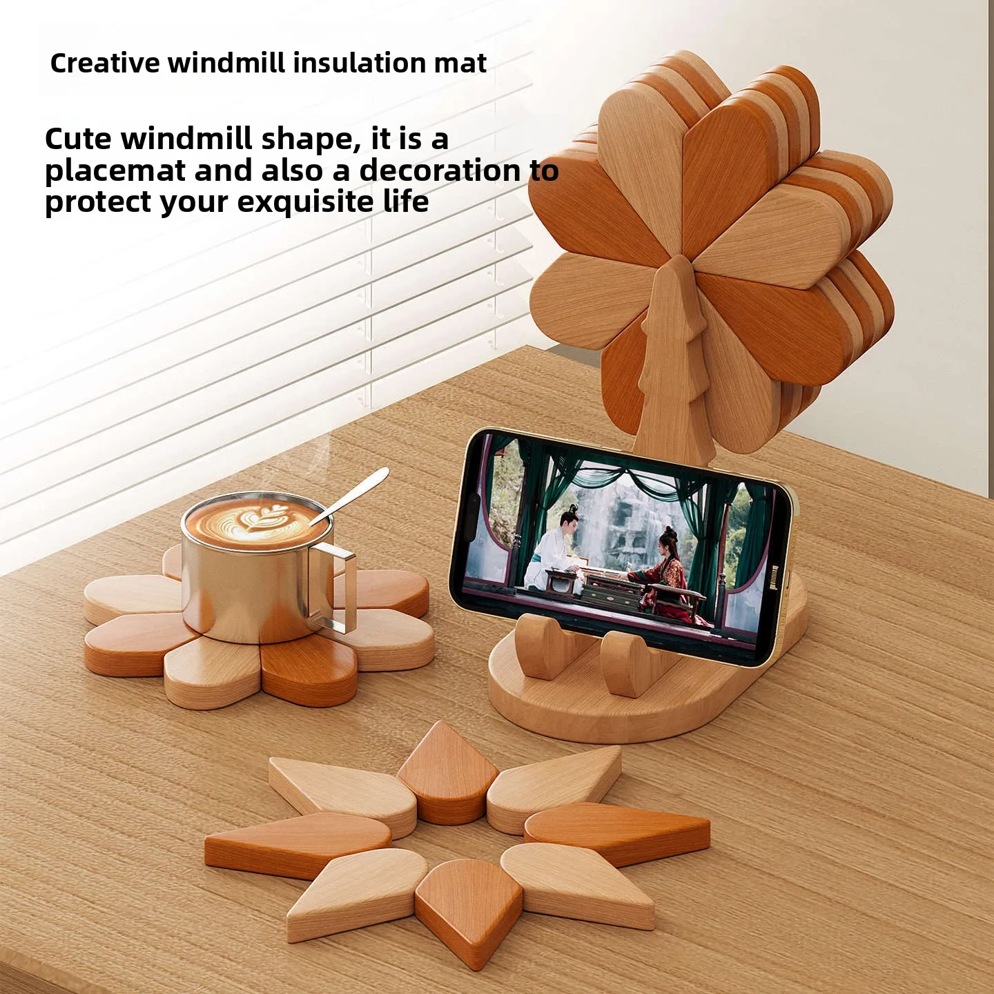Windmill Wooden Heat Resistant Coaster Placemat Kitchen Tableware Creative Phone Stand