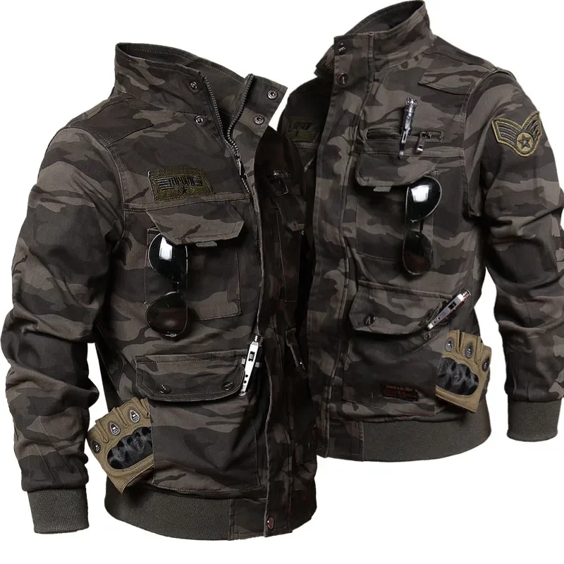 Camo Training Sets Men Outdoor Multi-pocket Cargo Jackets+Wear-resistant Straight Pants 2 Pcs Suits Autumn Windproof Set