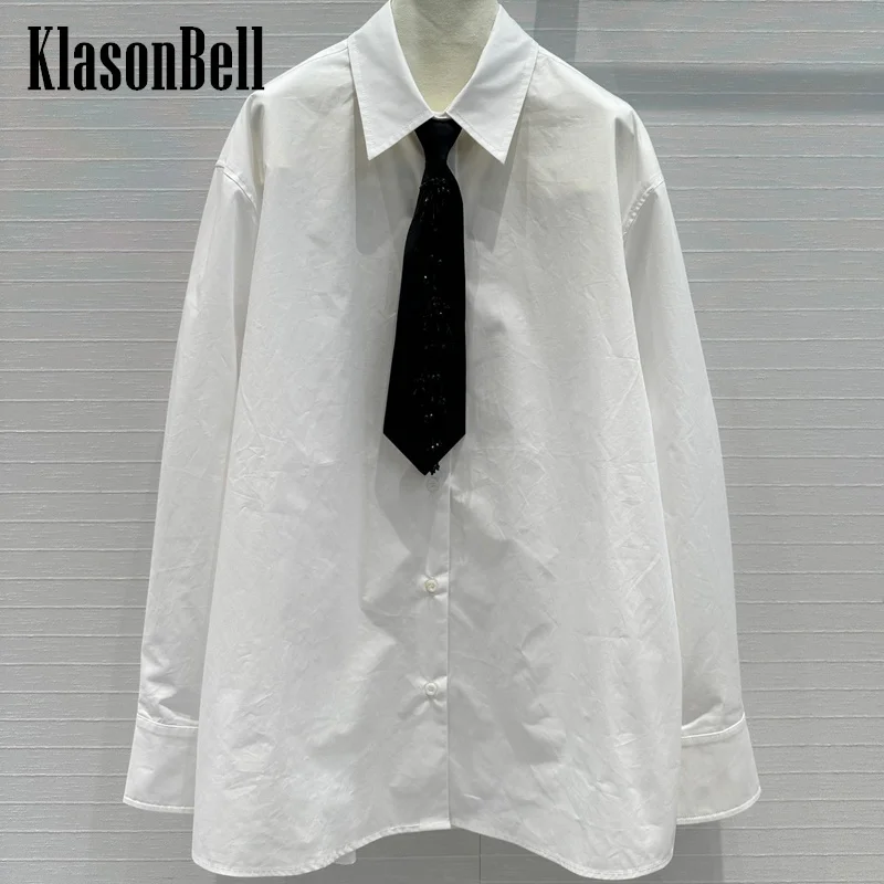 

7.15 KlasonBell Women's Beading Tie Detachable Lapel Shirt Diamonds Button Long Sleeve Loose All-matches Casual Blouse