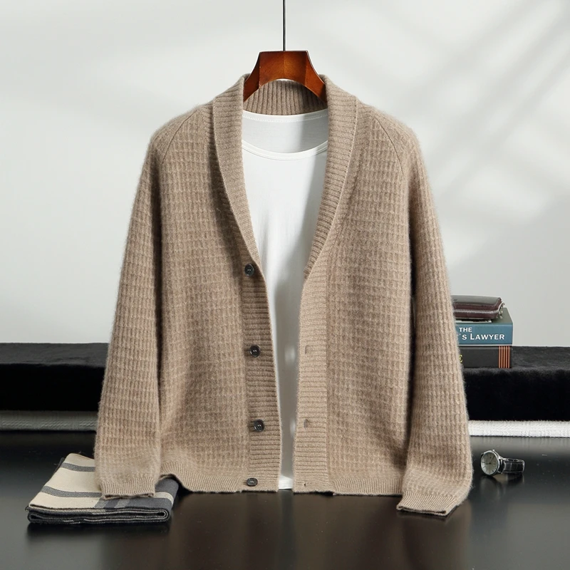 

Men's 100%pure cashmere clothing autumn winter green fruit collar cardigan soft and warm top A-class light luxury Men's clothing