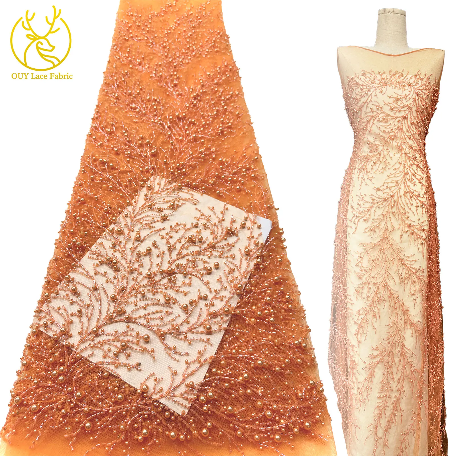 

Orange African Groom Beaded Lace Fabric 2025 High Quality Luxury French Nigerian Sequin Lace Fabric for Party Wedding 5 Yards