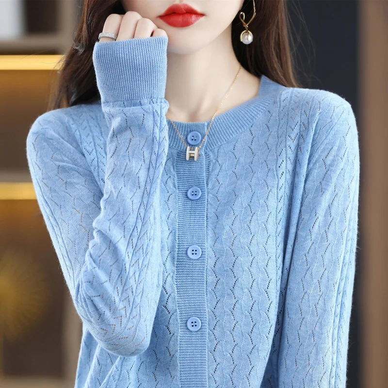 2024Autumn New Worsted Sweater Round Neck Hollow Sweater Cardigan Women'S Outer Wear Base Coat Sweater