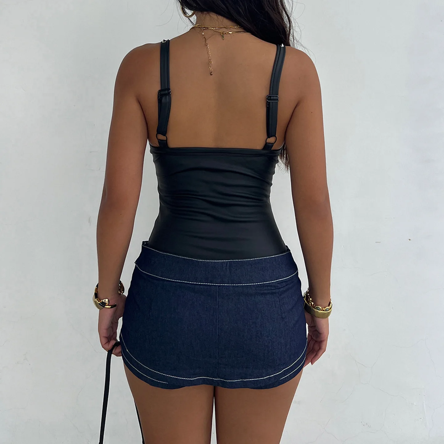 

Cross Design Hollow out Soft Leather Jumpsuit Trendy Streetwear Spicy Girl Baring Strap Top Low Waist Nine Points Pants