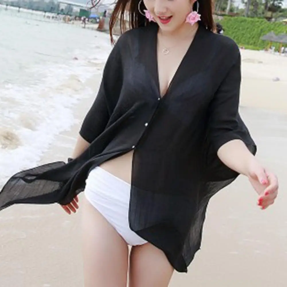 V-neck Irregular Sleeve Single Breasted Bikini Shirt Thin Breathable Chiffon Bikini Cover Up Sundress