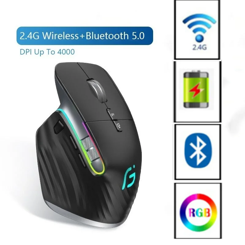 Беспроводная мышь Bluetooth + 2.4G с перезаряжаемой батареей, 12 цветов RGB LED подсветки, игровая мышь, эргономичная мышь для геймеров, компьютеров, ноутбуков и iPad.