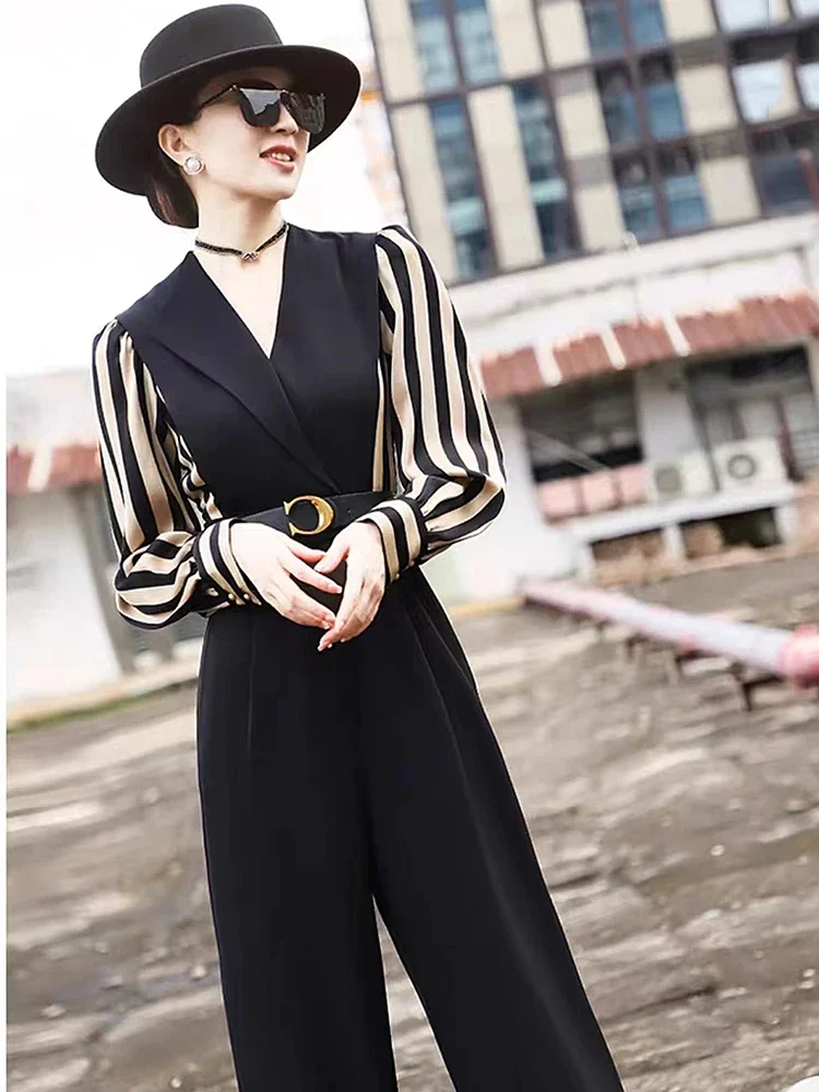 Fashion Office Lady Patchwork Jumpsuit Women Spring Autumn High Waist Striped Jumpsuits Combinaison Femme Elegant Z547