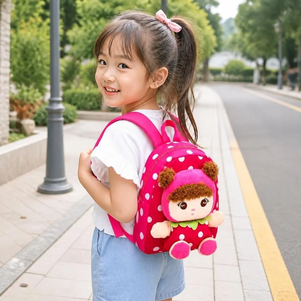 Soft Plush Polka Dot Children Backpack Multiple Pockets Lightweight Kids Rucksack 3D Doll Design Adjustable Straps