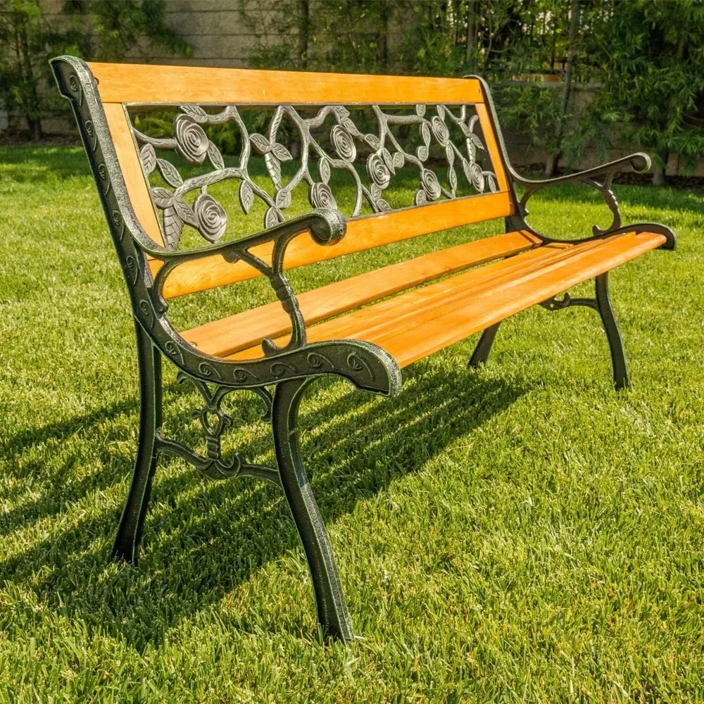 Garden Bench Patio Porch Chair Deck Hardwood Cast Iron Love Seat 17.3"D x 50"W x 29"H