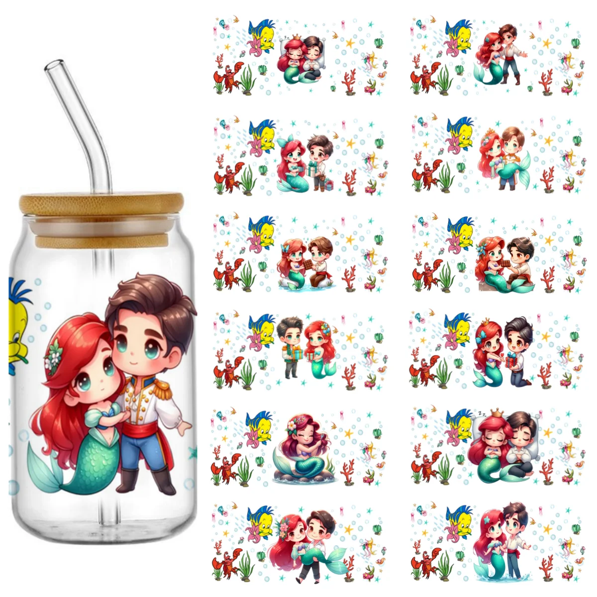 

Miniso Mermaid Princess and Prince UV DTF cup wrap transfer stickers For 16OZ Coffee Glass Can Waterproof DIY Custom Logo