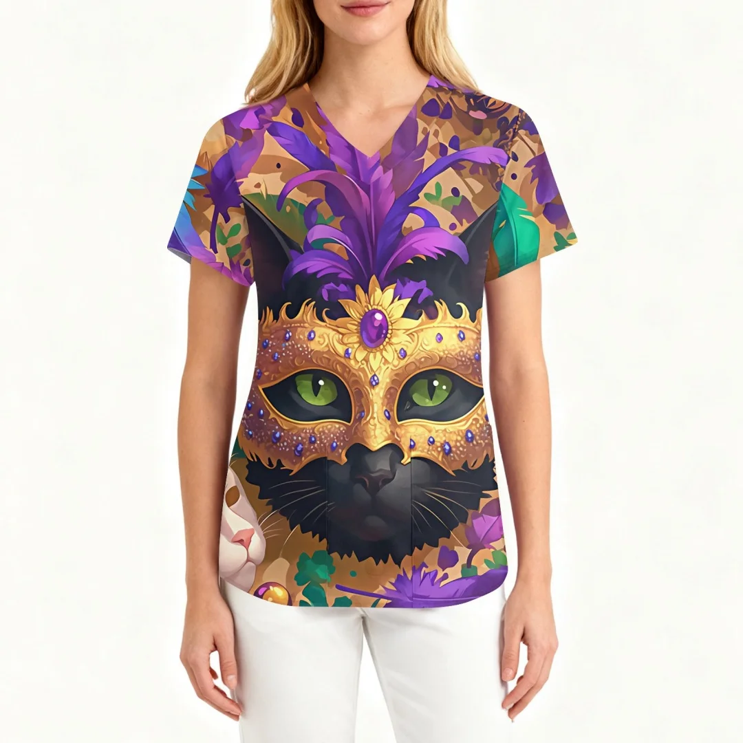 女性用マルディグラススクラブトップ 面白いマスク フェザープリント 半袖 看護師作業服 マルディグラス 快適なスクラブトップ ポケット付き