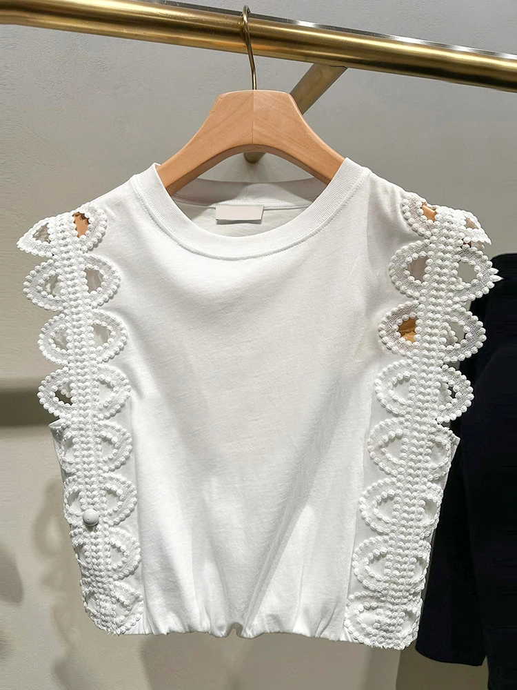 

S Home Nan You High End Women's Summer Hollow out Design White Vest Top Commute Sle Loose Fit Color Polyester T-irt