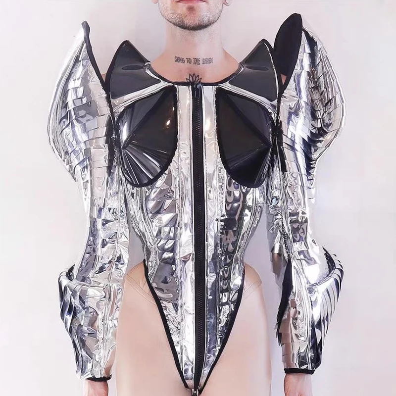 Drag Queen Outfit Futuristic Silver Bodysuit Adult Stage Costume Gogo Show Performance Clothing Carnival Festival Rave Wear 2549