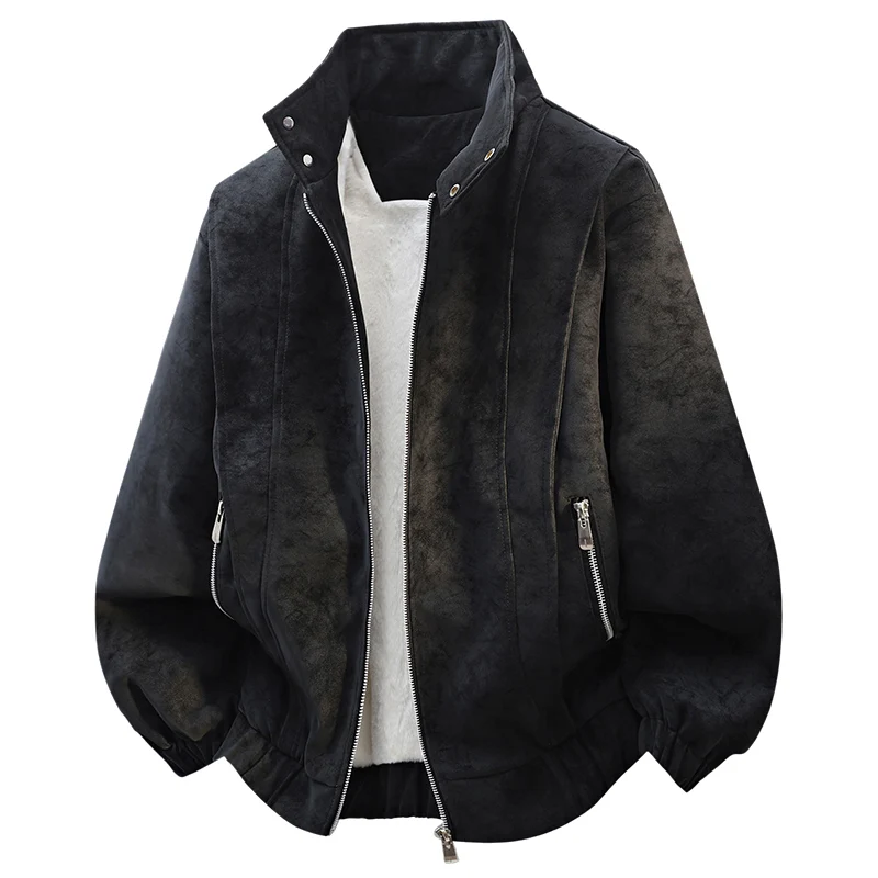 

M-8XL Autumn and Winter Fashion Plush PU Leather Jacket Men's Retro Large Warm and Loose Casual Stand Up Collar Jacket