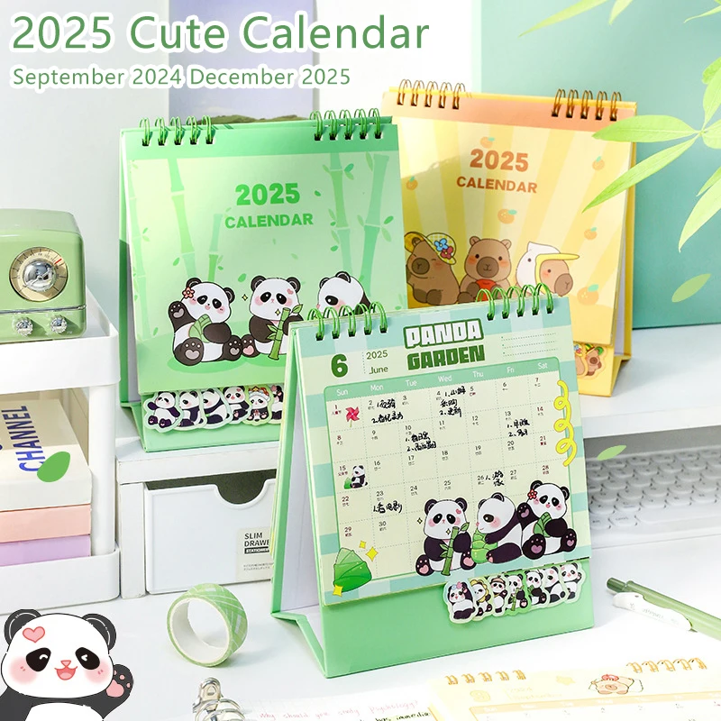 Kalender meja kecil portabel, sederhana Mini kartun Panda pola Capybara 2025 koil kalender harian perencana Desktop