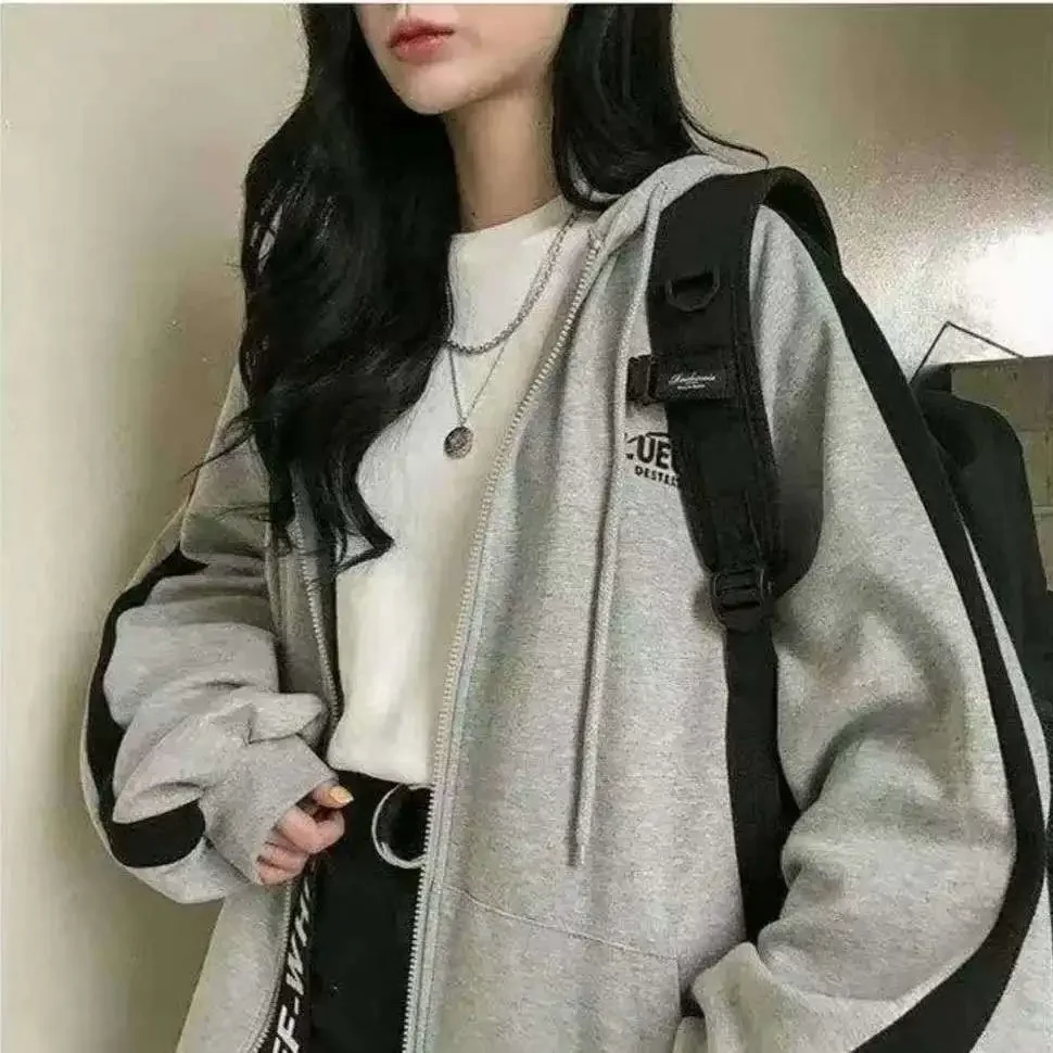 Kadınlar Casual boy kazak kadın Streetwear kapşonlu palto cep gevşek Zip Up Harajuku Hoodies ceket kadın fermuar bez