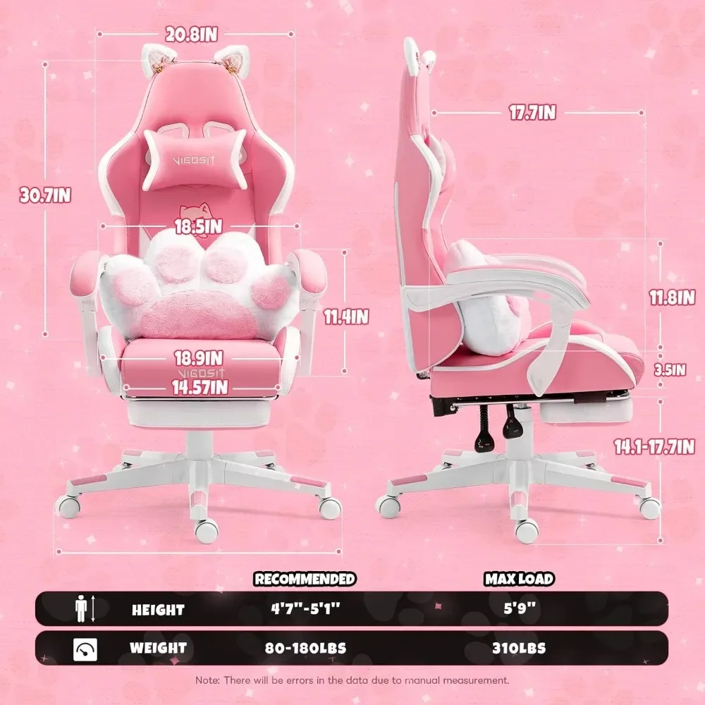 Silla de juegos rosa con cojín Lumbar de pata de gato y orejas de gato, sillón de ordenador, silla de juego de PC reclinable para niñas, niños y