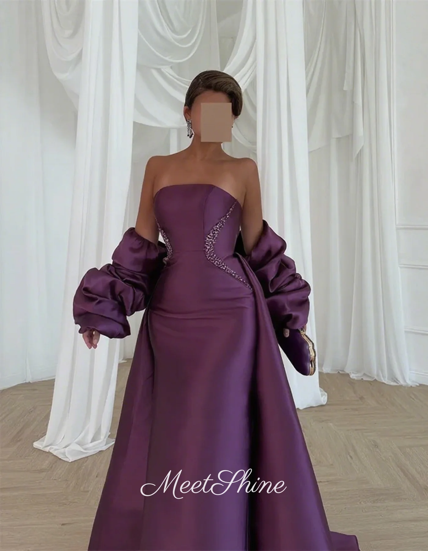 Abito da sera dritto classico in raso viola squisito senza spalline con manica a mantella staccabile abito da ballo formale personalizzato