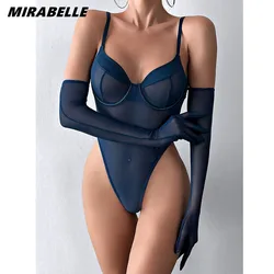 MIRABELLE Sexy Bodysuit With Long Gloves Sheer Lace Tops Sissy Transparent Mesh Body One Piece Bodycon Lace Tight Teddy