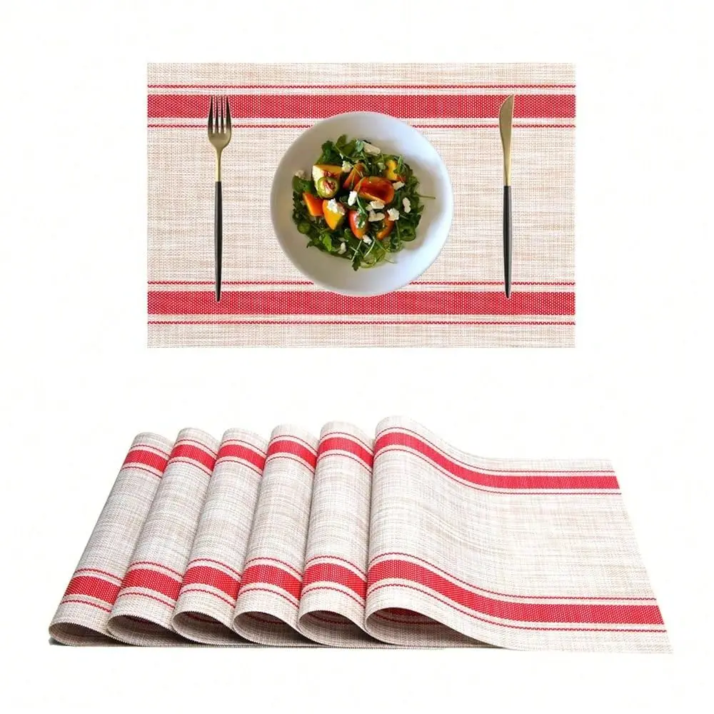 

Washable HeatResistant Durable PVC NonSlip Woven For Kitchen Dining Table Mats Set Of 6, Red Beige