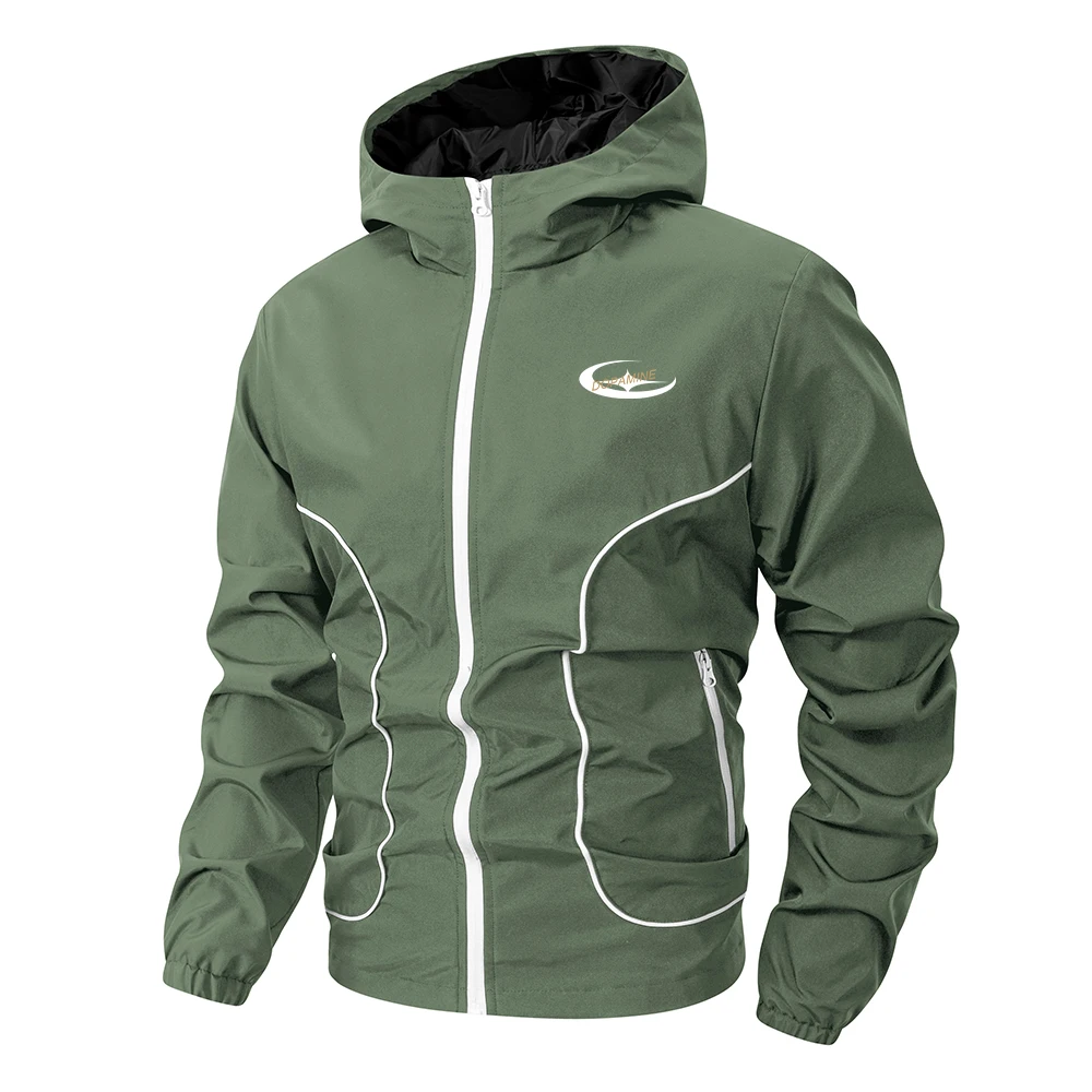 Men’s Casual Hooded Jacket Geometric Starburst Print Windproof Outdoor Sportswear With Zippered Pockets For Fitness And Camping