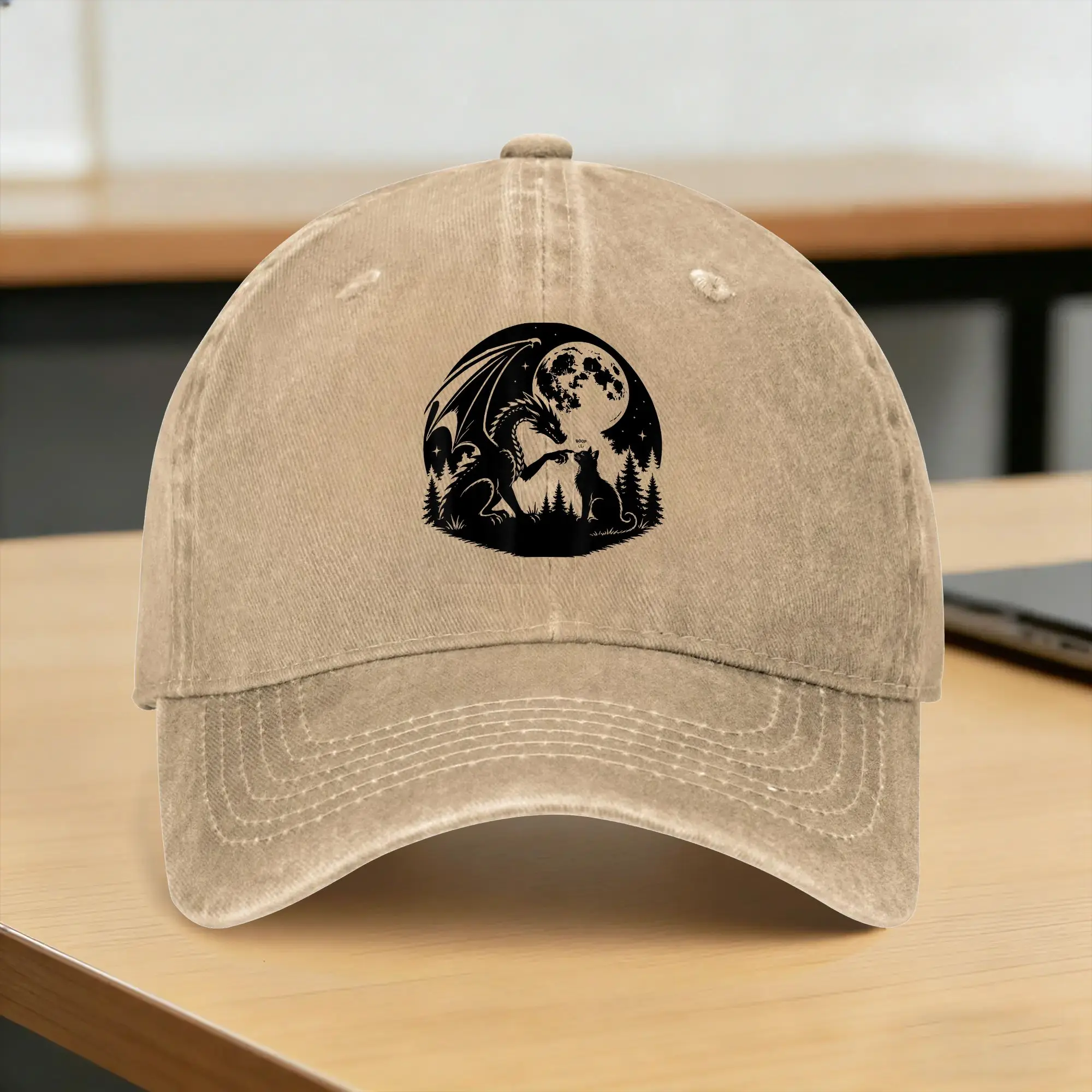 Washed Baseball Cap Dragon Cat Hand Boop Nose Full Moon Fantasy Humor Outdoor Summer Trucker Hat  Outdoor Gym Sun Snapback Cap