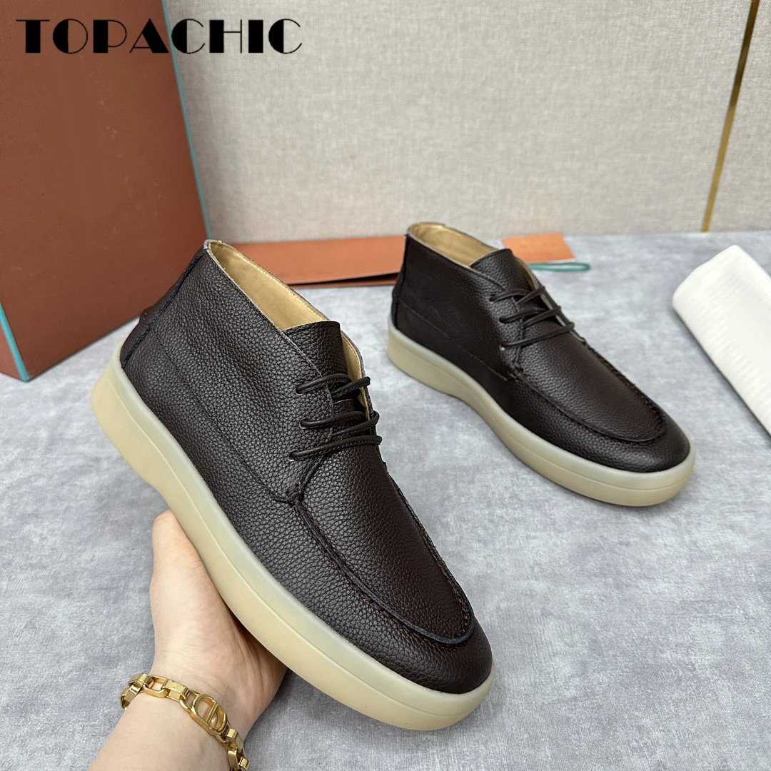 11.18 TOPACHIC Men\'s High-Top Vulcanize Shoes Genuine Leather Soft Rubber Outsole Round Toe Casual Shoes