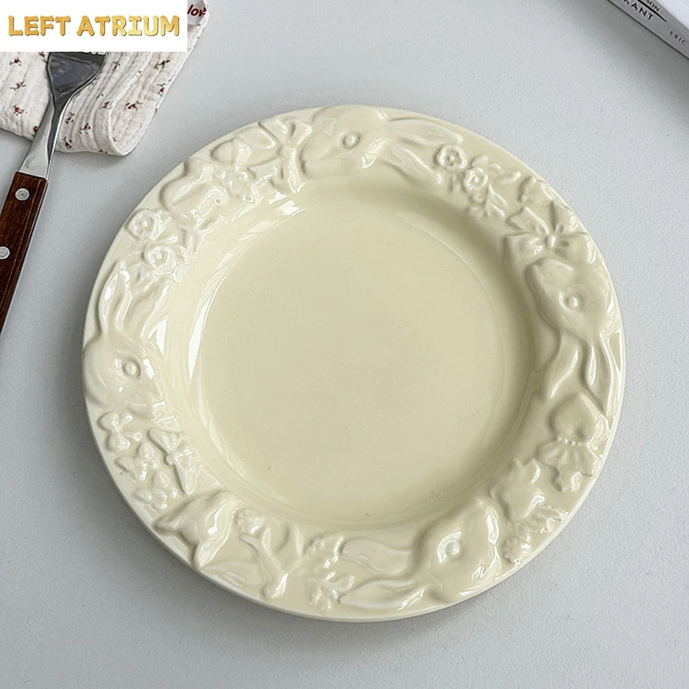 

French Style Round Ceramic Plate Relief Rabbit Pattern Dessert Cake Dishes Household Kitchen Use Supplies Underglaze Snack Plate
