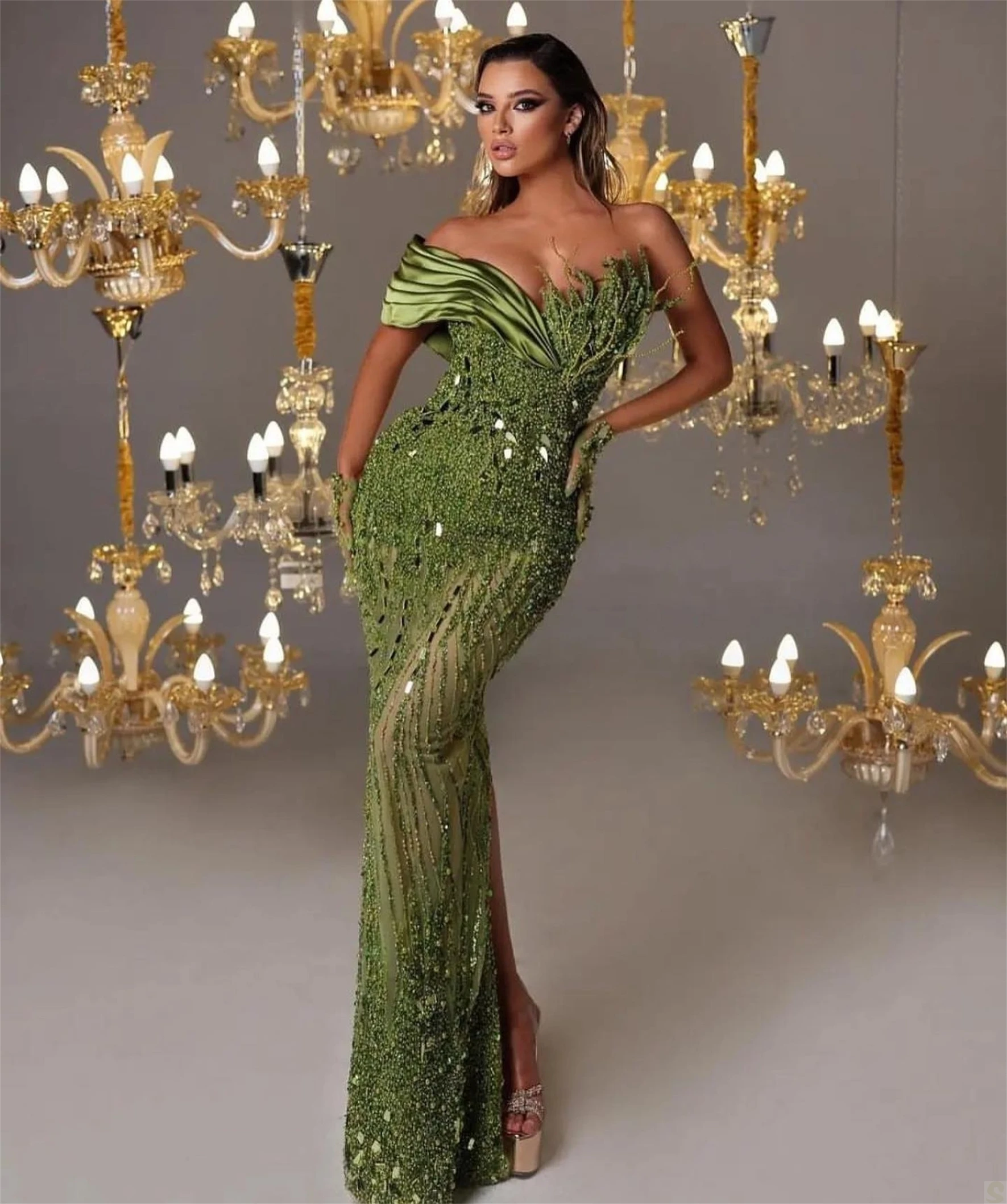 Princess Mermaid Evening Dresses One Shoulder Lace Prom Gowns Custom Made Beaded Pearls Party Dresses