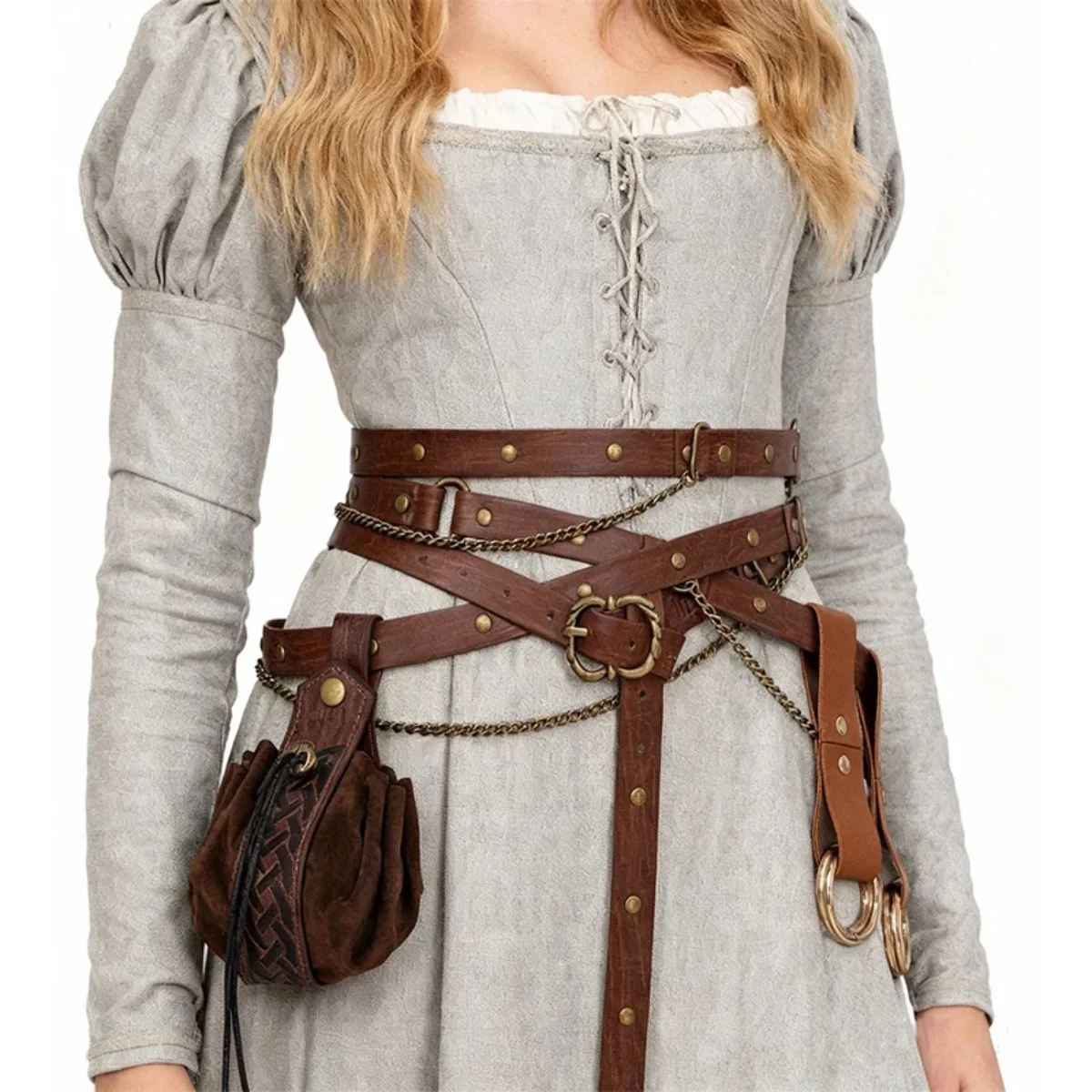 Medieval Belt Pouch Set Faux Leather Metal Chain Belts Renaissance Pouch Skirt Hikes Dresses Hikes