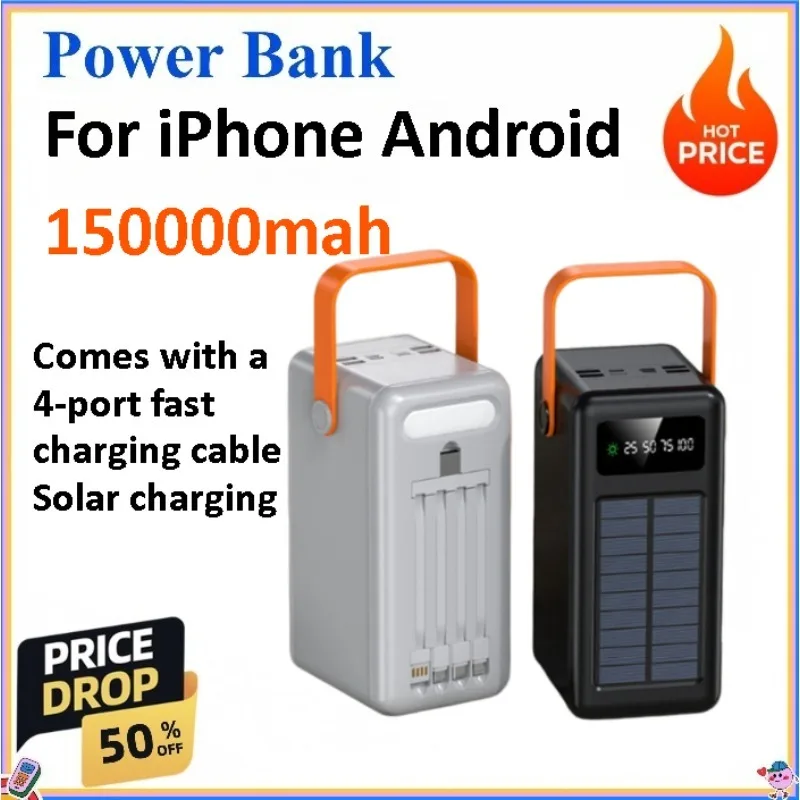 

150000mAh Solar Panel Power Bank Fast Charging Power Station with Four Wire External Battery Pack with Flashlight for Outdoors