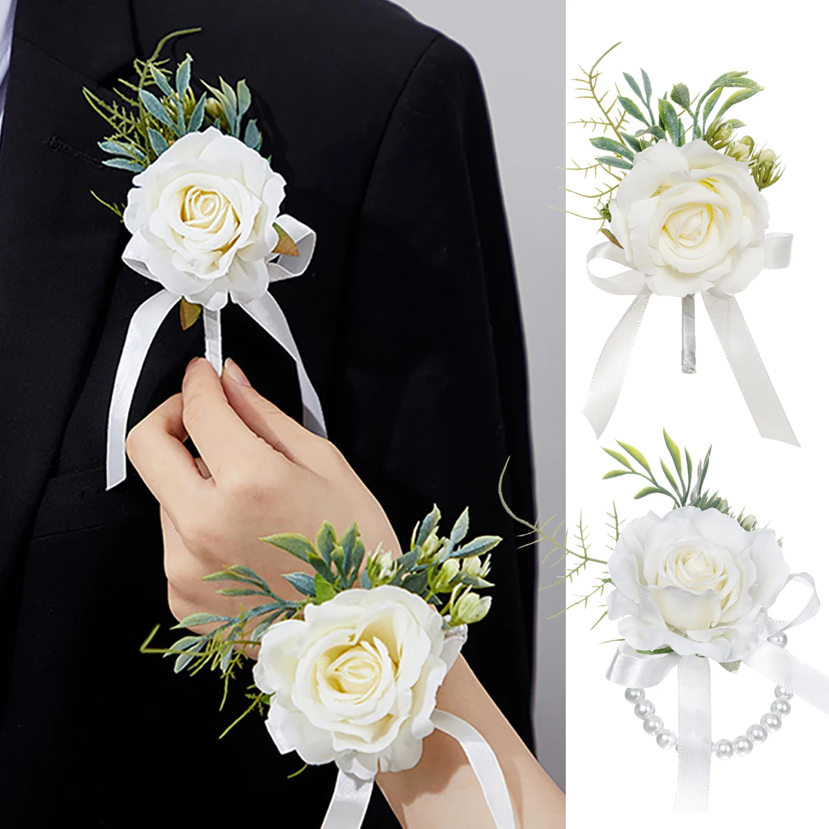 Rose Wrist Corsage&Boutonniere, Prom Artificial Flower Wrist Corsage Bracelets Pearl Bracelet, for wedding Homecoming party