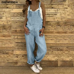 Jumpsuit Plus Size Solid Wide Leg Pants Women New Jumpsuit Summer Casual Loose Sleeveless Pockets Bib Overalls Rompers