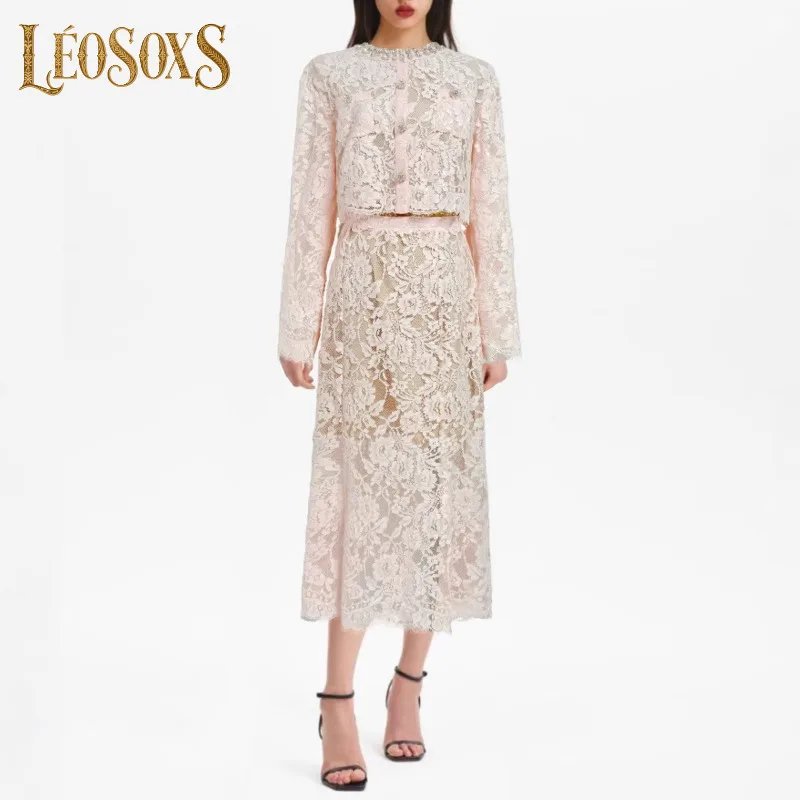 

LEOSOXS Fashion Women's Solid Hollow Out Two Piece Set O Neck Long Sleeve Top High Waist Skirt Elegant Chic Sets Female New