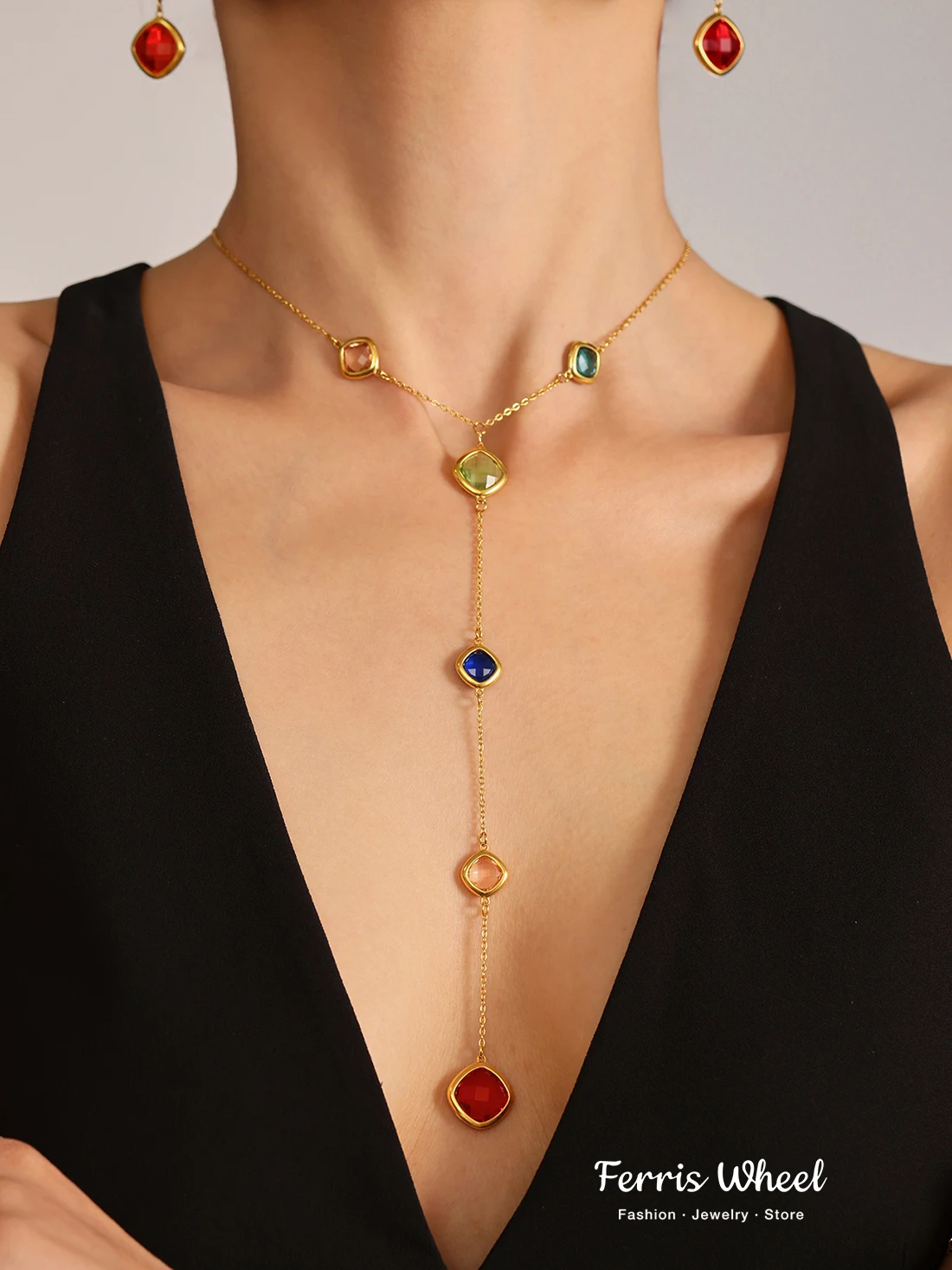 

Colorful Long Square Pendant Stainless Steel Necklace for Women Luxury Czech Glass Gold Plated Waterproof Charm Jewelry
