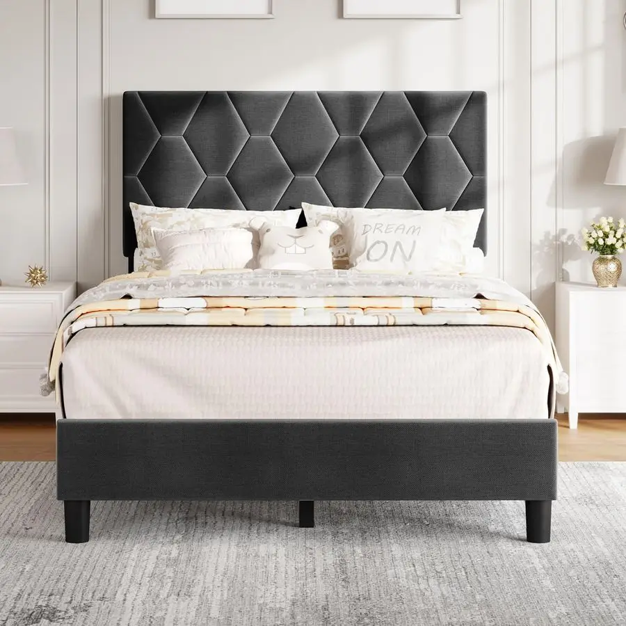 

Grey Twin Bed Frame with Upholstered Headboard, Upholstered Bed Frame, HeavyDuty Platform Bed Frame with Adjustable Headboard,
