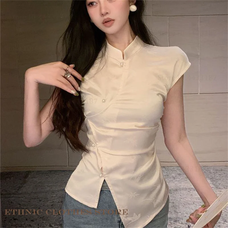 موضة جديدة النمط الصيني قميص علوي كلاسيكي الجاكار تانغ نمط تشيباو شيونغسام بلوزة الملابس الصينية التقليدية قميص الصيف