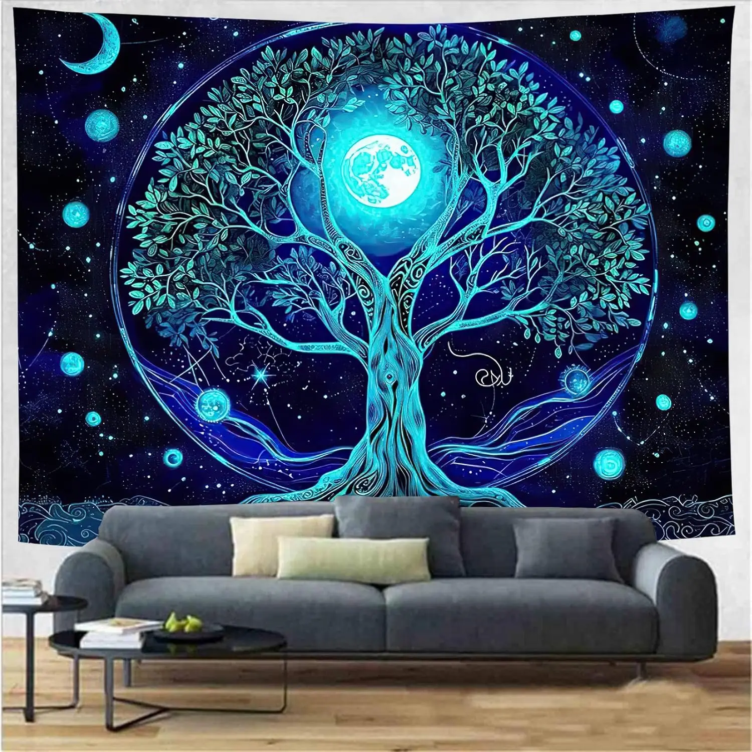 Blue Moon Tree of Life Tapestry – UV Reactive Galaxy Space Landscape Wall Art for Bedroom, Living Room or Dorm
