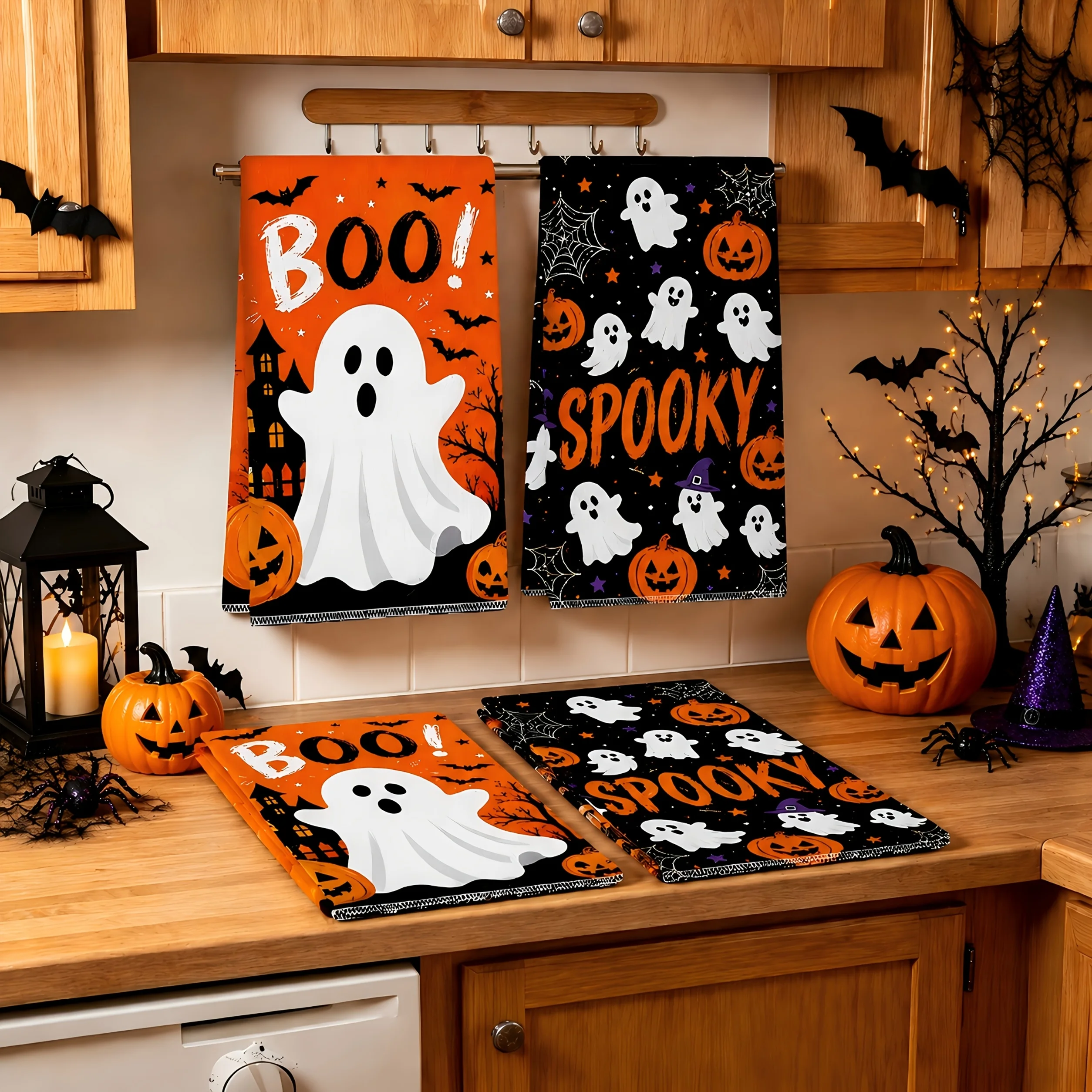 2pcs, Halloween Kitchen Towels, BOO, Ghost, SPOOKY And Pumpkin Head Patterns Dish Towels, Soft Absorbent Hand Towels