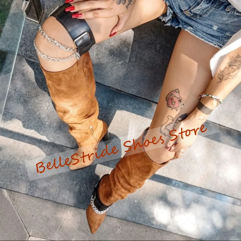 

Buckle Chain Decor Side Zipper Pointed Toe Boots Women Shoes Chunky High Heels Party Banquet Dating 2025 Zapatos Para Mujere