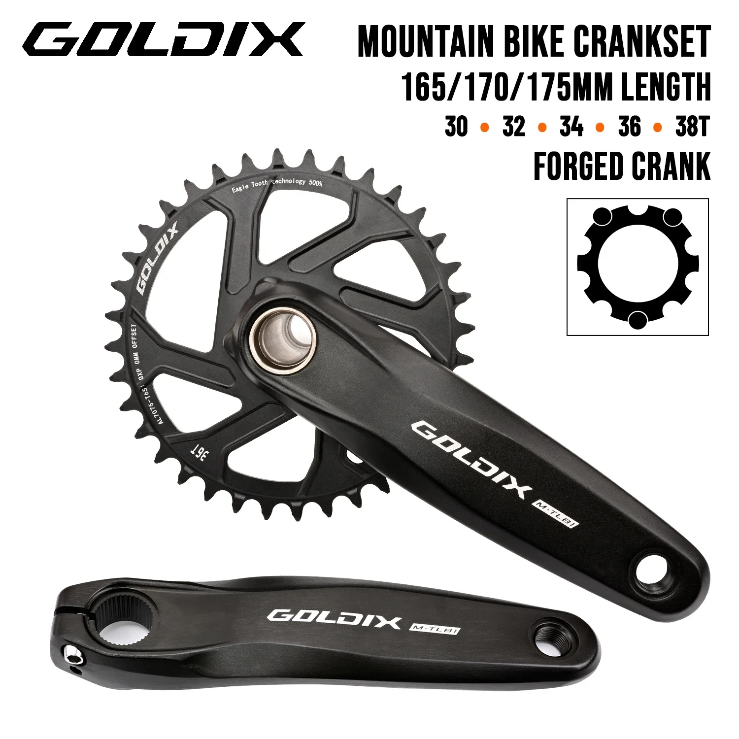 GOLDIX 3-Bolzen-Direktmontage MTB-Kurbelgarnitur 165/170/175mm Geschmiedete Legierung Hochfester Kurbelarm Schmal-Breit-Kettenblatt für MTB-Fahrrad