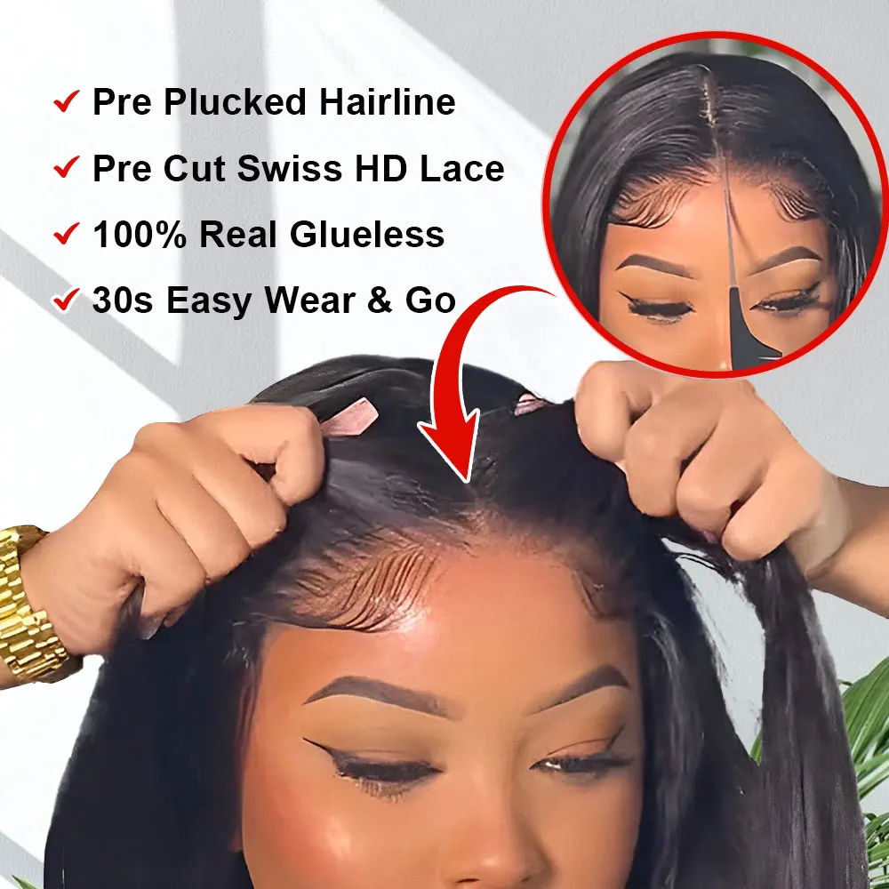 شعر مستعار قصير مستقيم ، شعر مستعار بدون لاصق ، شعر بشري منتوف مسبقًا ، إغلاق دانتيل ، جاهز للارتداء ، شعر مستعار بدانتيل أمامي 13 × 4 ، شعر بشري ، 7x5